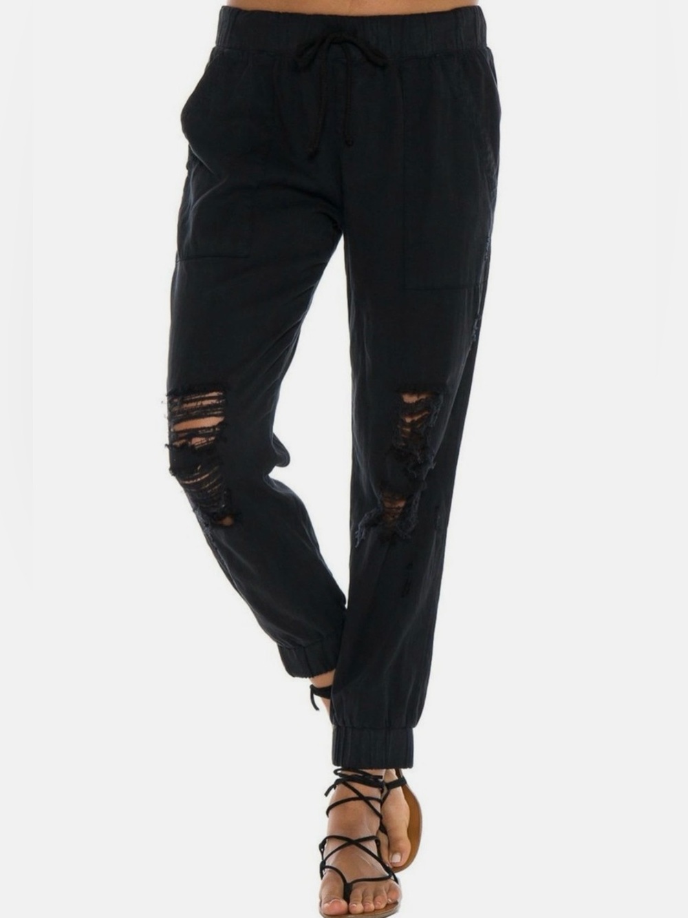 Anthropologie Cloth & Stone Black Distressed Drawstring Joggers Sz XS
